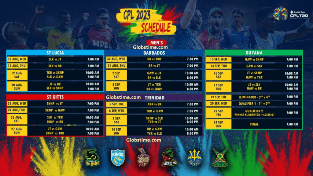 CPL 2023 Schedule Fixture Caribbean Premier League CPL 2023 schedule including dates fixtures, and match timings. Check out the schedule now!