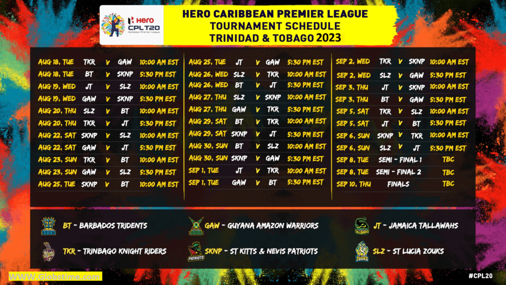 CPL 2023 Schedule Fixture Caribbean Premier League CPL 2023 schedule including dates fixtures, and match timings. Check out the schedule now!